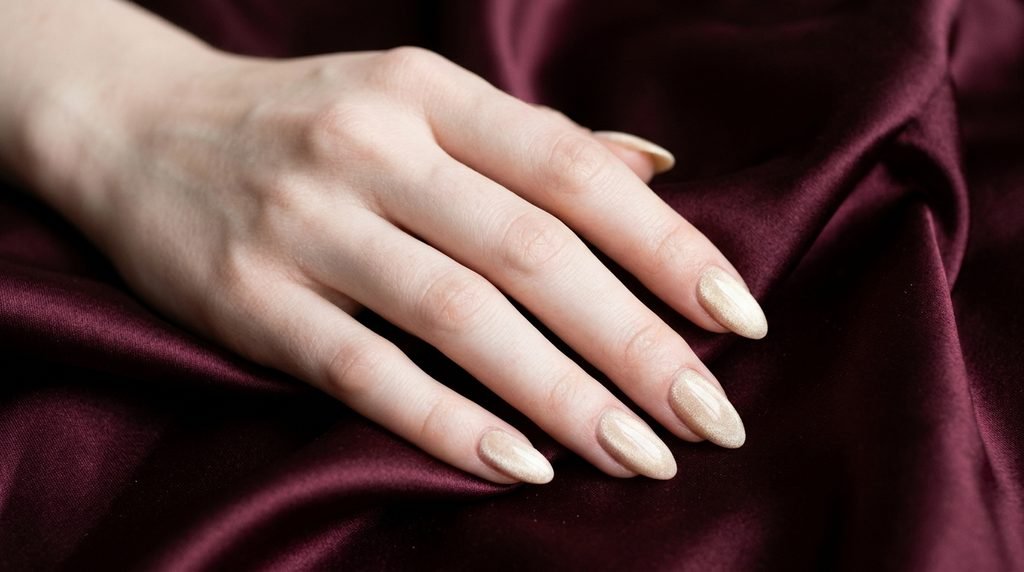 Cashmere nails in warm vanilla velvet on medium almond nails over deep burgundy backdrop.