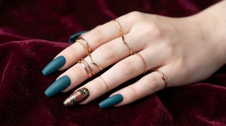 Close-up of female hand with long coffin nails featuring matte deep teal polish and a molten bronze accent nail against a dark burgundy background.