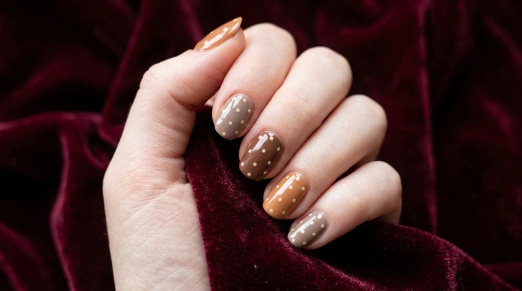 Hand with fair skin displaying multi-tone brown nails with cream fawn spots over burgundy velvet.