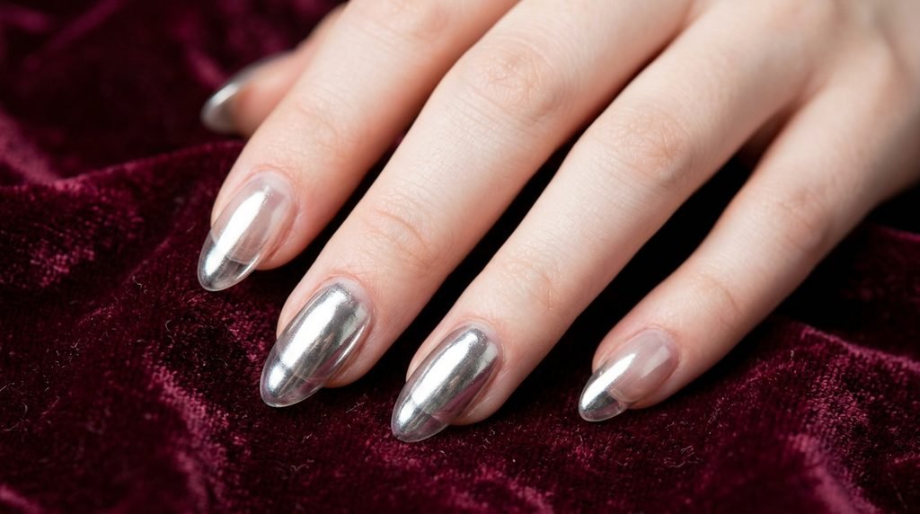 Clear chrome liquid metal nails on an 18-year-old female hand with very white skin over burgundy velvet.