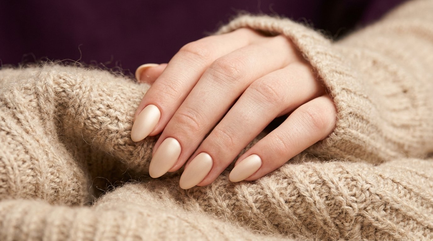 Cashmere nails in creamy beige on medium almond nails against an oatmeal sweater and deep plum background.