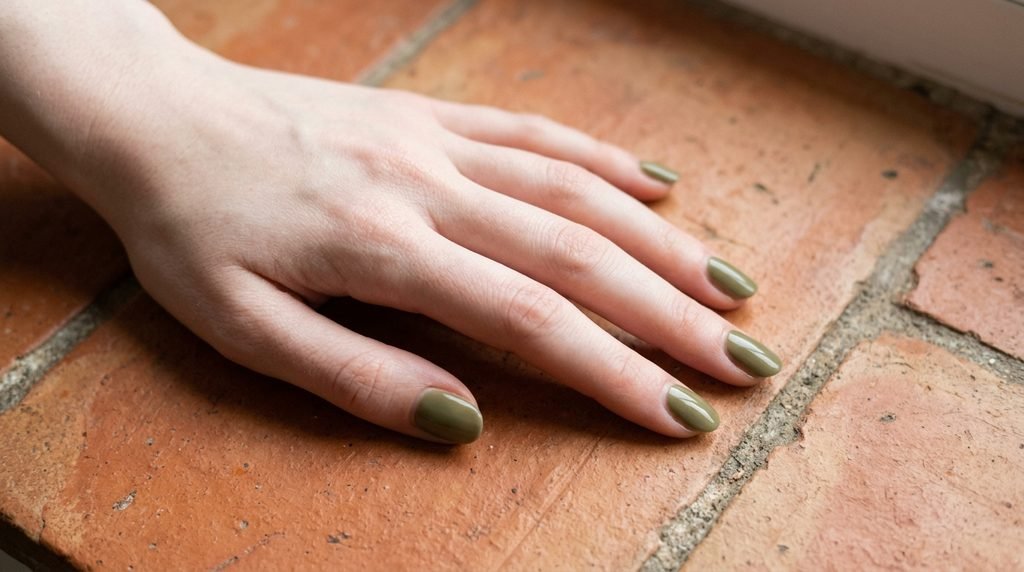 Oval nails in muted olive green polish on an 18-year-old female hand over terracotta background.
