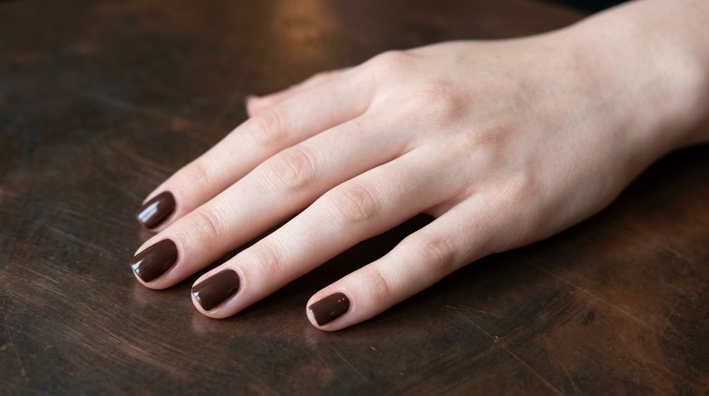 Photorealistic view of an 18-year-old female hand with very white skin and plum noir micro French tip almond nails on dark terracotta.