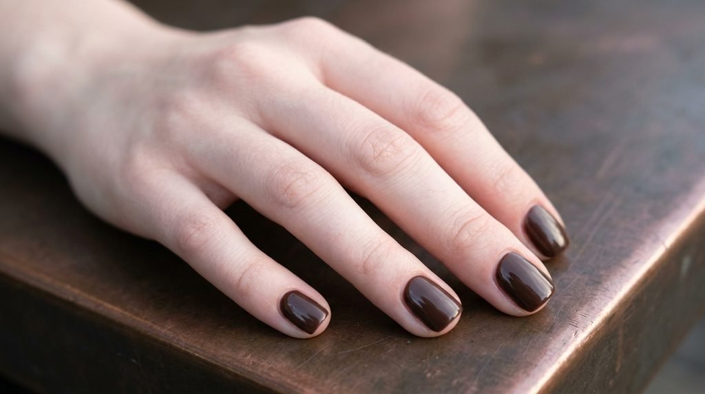 Short square cacao brown nails on an 18-year-old female hand with very white skin tone against a dark copper surface.