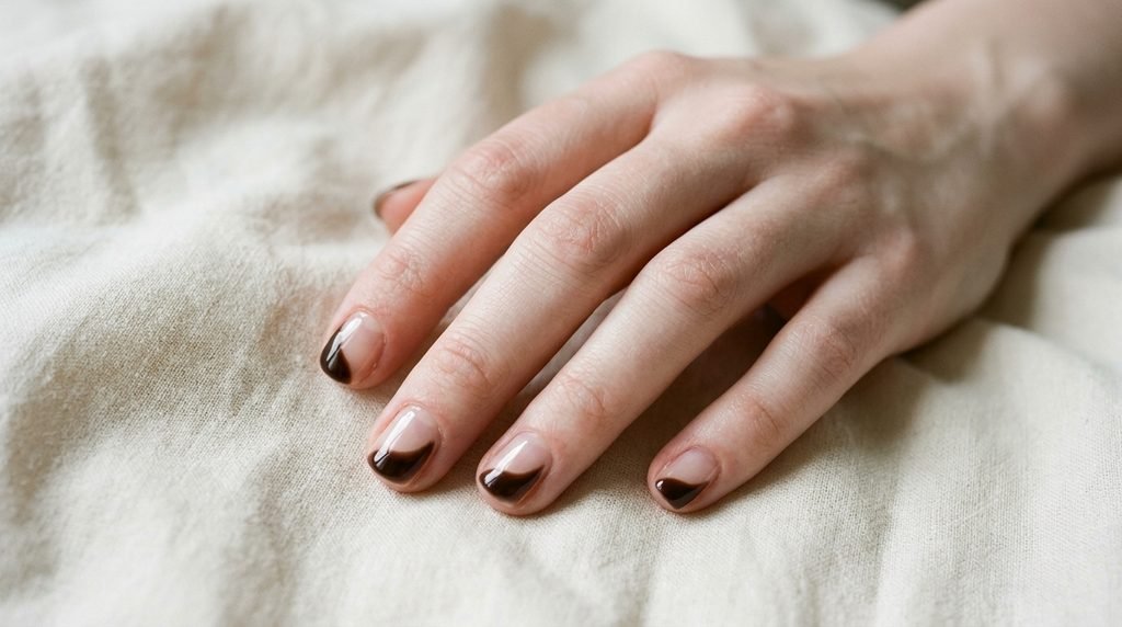 Short natural female nails with glossy clear base polish and diagonal espresso brown corner swirls over ivory cotton.