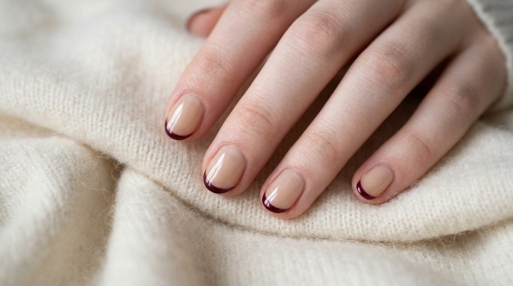 Short oval natural female nails featuring sheer beige base polish and fine burgundy micro French tips on a cream cashmere backdrop.