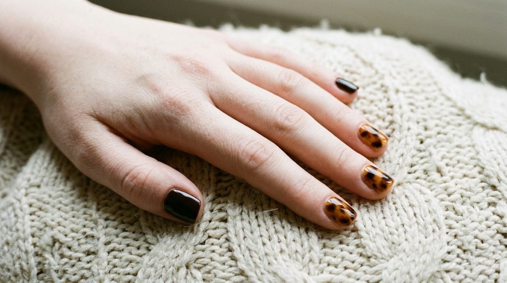Short squoval nails featuring three dark espresso solid nails and two translucent amber tortoiseshell accent nails on cream knit fabric.