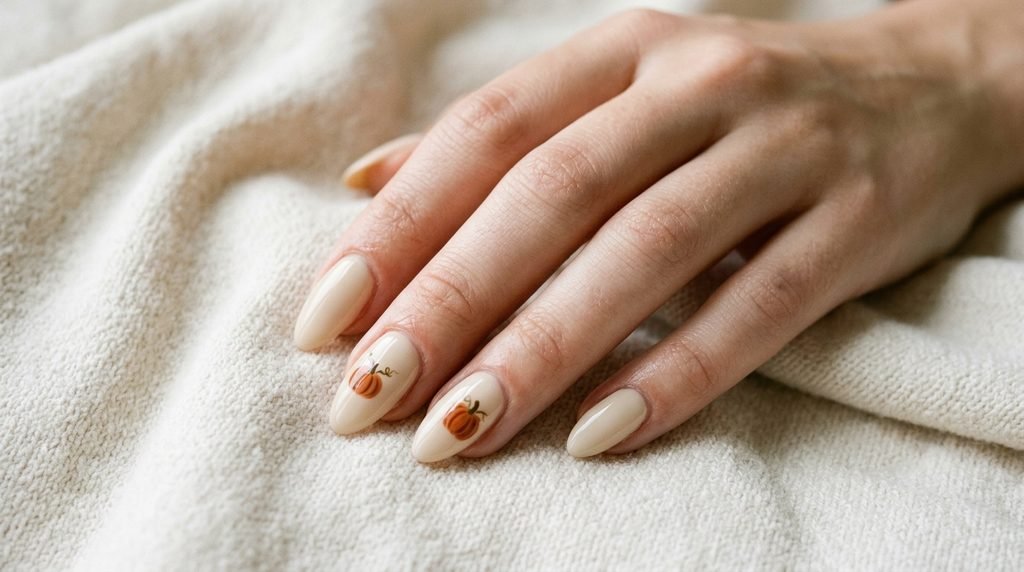 Almond nails painted beige with small burnt orange pumpkin art on an 18-year-old female hand with white skin.