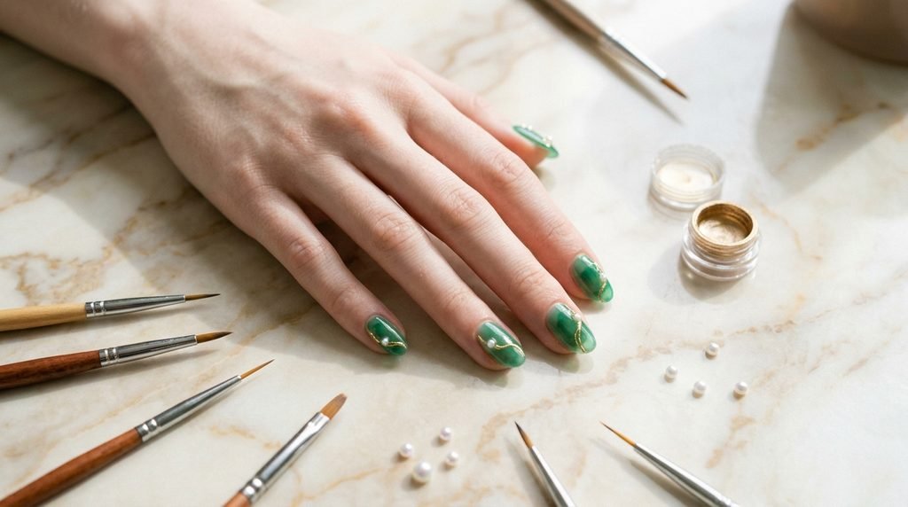 Female hand with very white skin testing gold filigree nail design on cream marble surface.