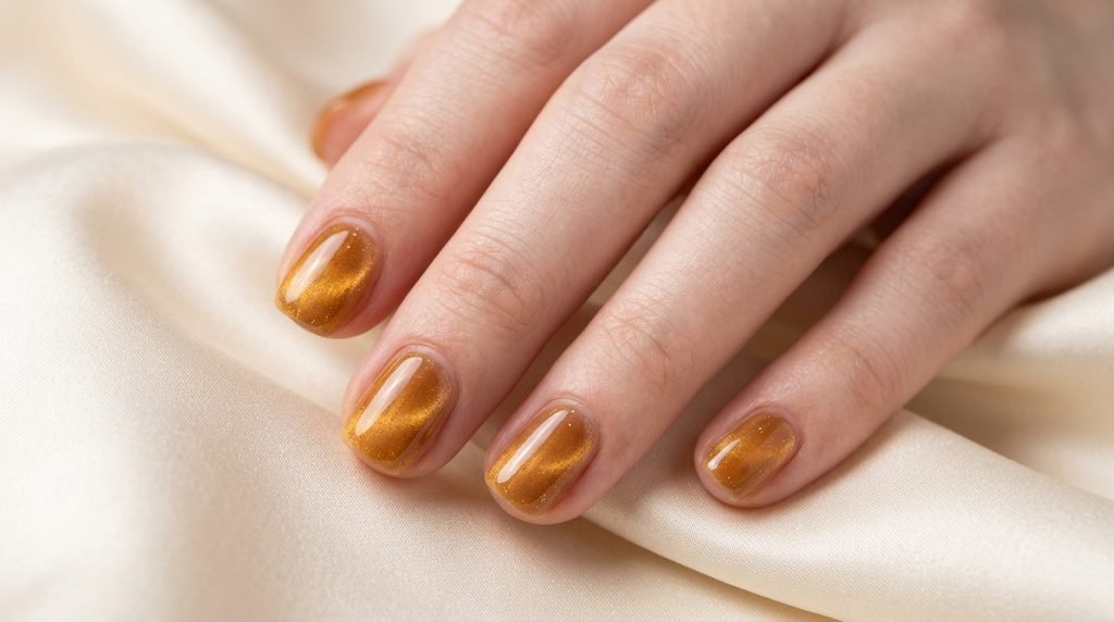 Short squoval natural female nails with translucent honey-amber velvet magnetic gel polish on a cream silk surface.
