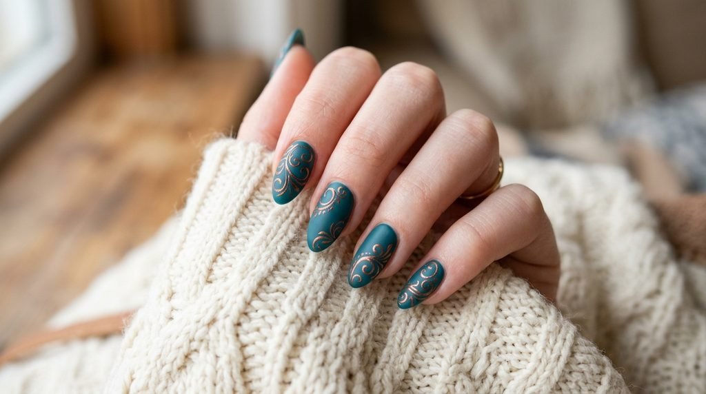 Almond nails in matte teal with thin copper swirl details on a female hand with soft white skin.