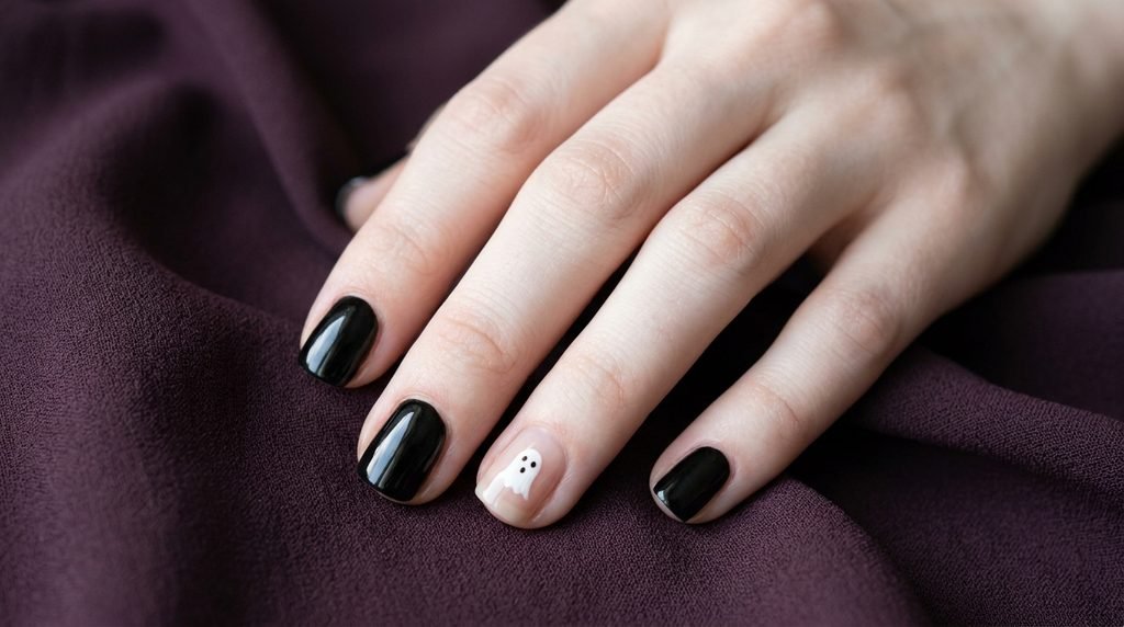 Short squoval nails painted in glossy black polish with one nude accent nail showing a tiny white ghost on dark plum fabric.