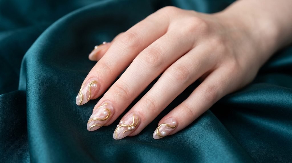 Soft pink quartz marbled nails with gold filigree on very white female hand over dark teal satin.