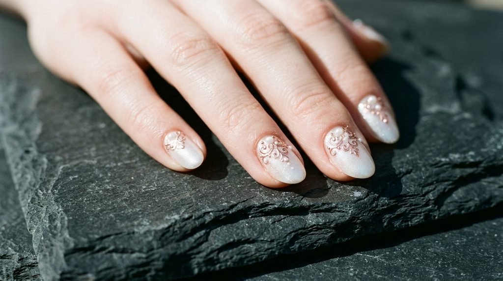 Pearl white nails with rose gold filigree on very white female hand against charcoal slate.