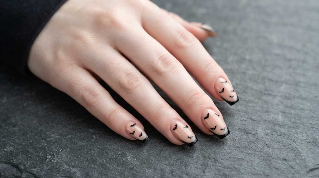 Female hand displaying nude base gel nails with black French tips and floating bat art.