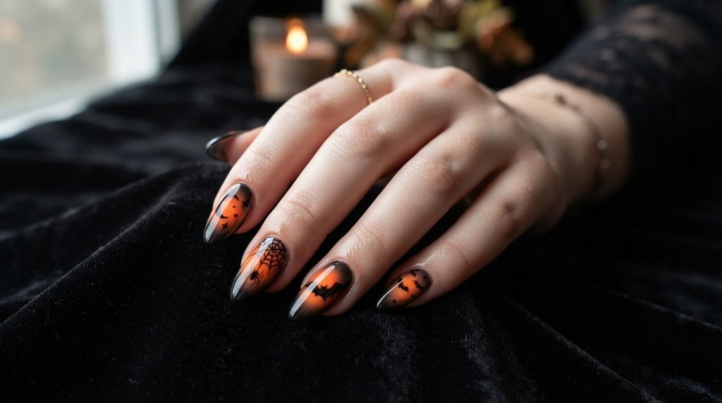 Female hand showcasing a complete set of glossy Halloween aura nails on dark velvet.
