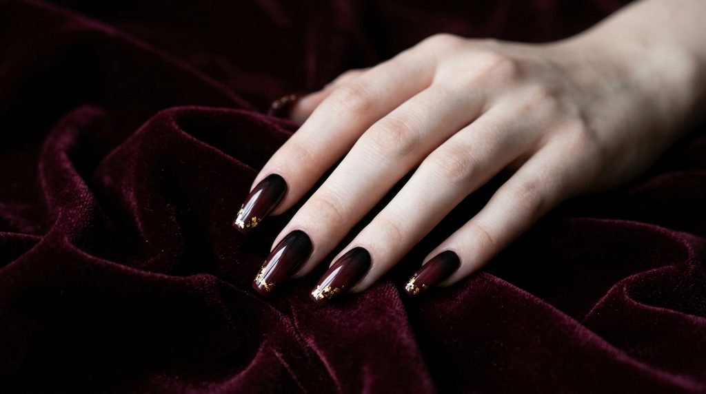 Black to merlot ombré coffin nails on an 18-year-old hand with very white skin on dark velvet.