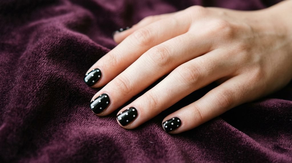 Short square black nails with white polka dot accents on an 18-year-old female hand with white skin.