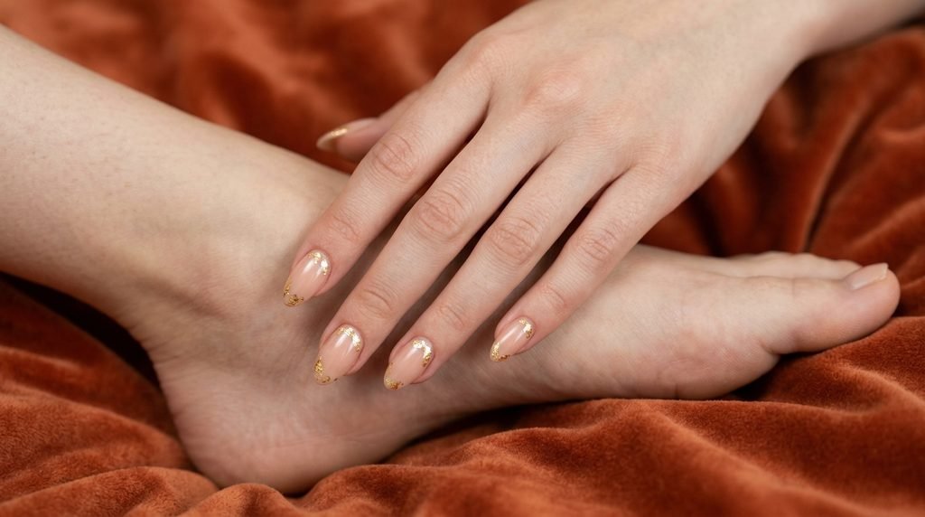 Nude almond nails accented with gold leaf foil on white skin hand resting over foot on orange velvet.