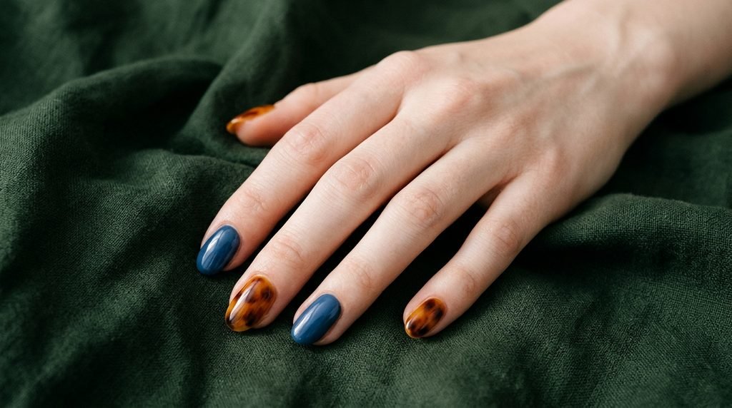 Denim blue nails paired with tortoiseshell accent nails on very white skin.