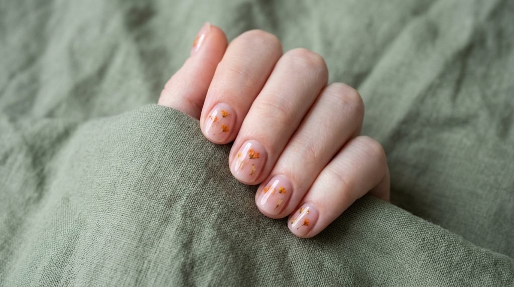 Short natural nails coated in milky pink translucent gel encapsulating tiny yellow and orange dried fall petals on sage linen.