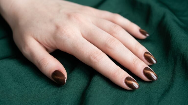 Photorealistic close-up of an 18-year-old female hand with very white skin tone and cacao brown cat eye nails resting on dark emerald silk.