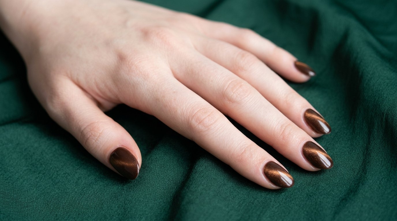 Photorealistic close-up of an 18-year-old female hand with very white skin tone and cacao brown cat eye nails resting on dark emerald silk.