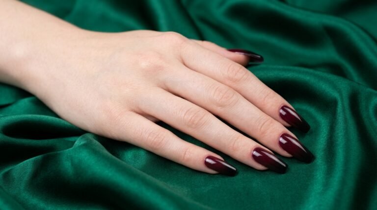 Female hand with smooth white skin showing long coffin nails painted with a dark burgundy to black ombre polish against emerald green silk.