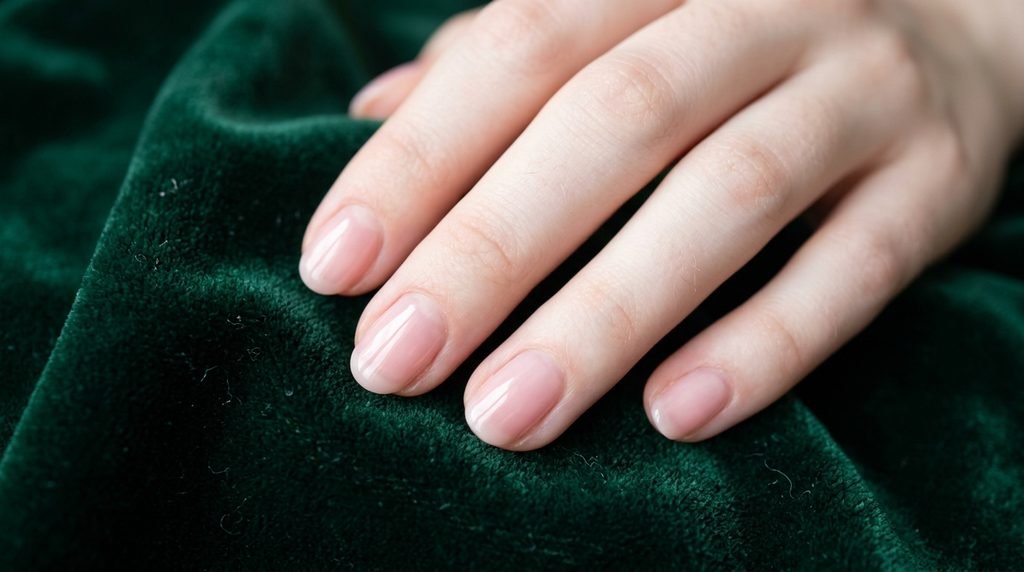 Strawberry milk pale pink sheer nails on an 18-year-old female hand with very white skin over emerald green velvet.
