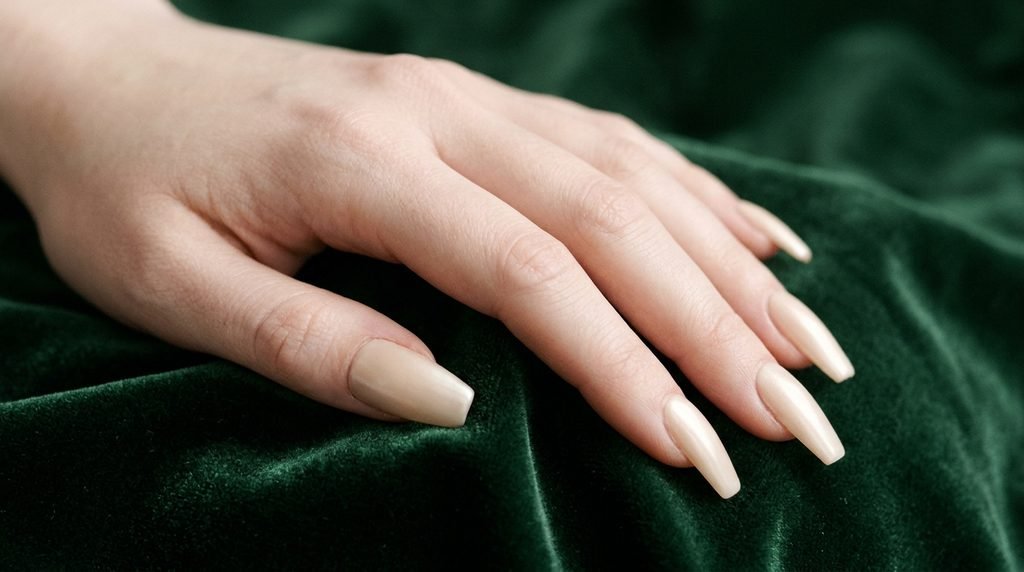 Cashmere nails in spun-silk beige on long coffin nails against forest green velvet background.
