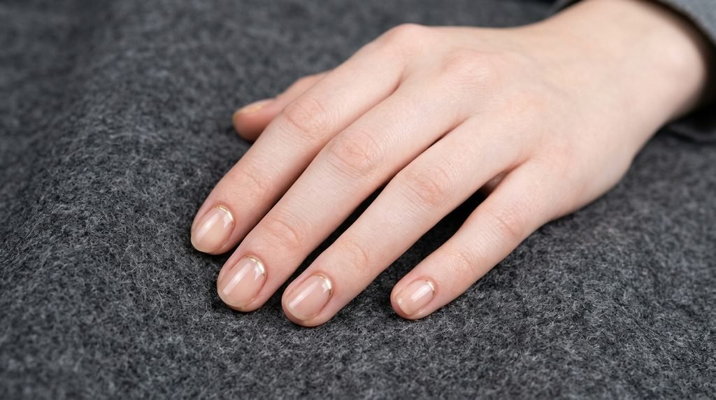 Short natural nails with clear nude polish and a thin gold metallic hairline accent drawn along the cuticle on a charcoal felt background.