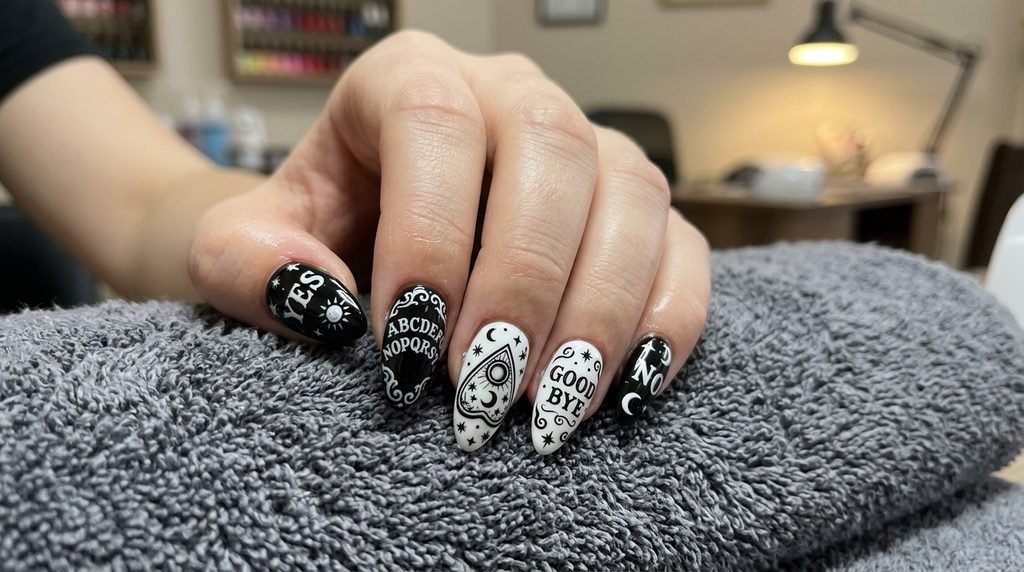 Freshly completed spirit board gel manicure shown on a white-skinned hand in a salon environment.