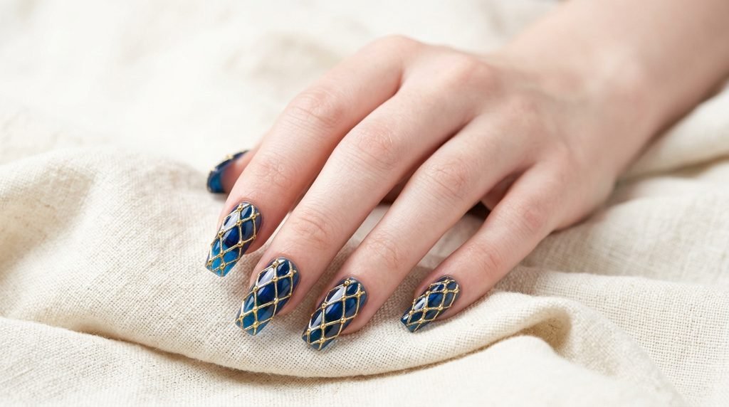 Coffin nails with blue glass base and gold filigree on very white female hand over ivory linen.
