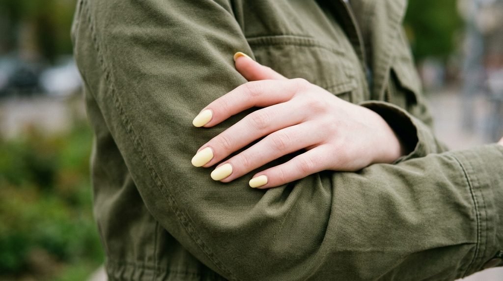 Pale yellow nails resting against a dark olive green canvas jacket.