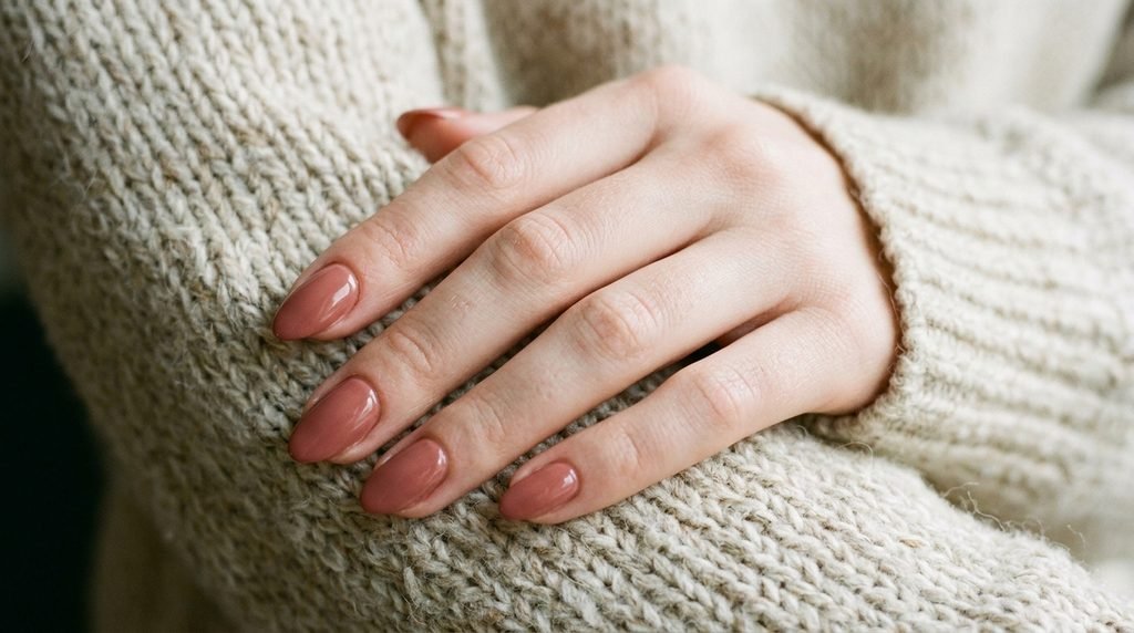 Dusty terracotta-rose nails on an 18-year-old female hand with very white skin resting on a sweater.