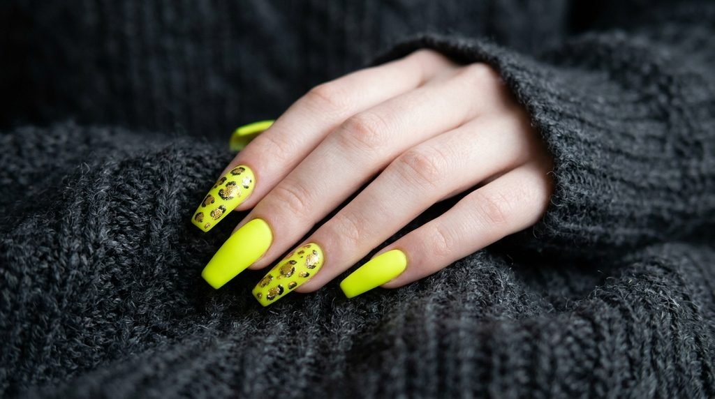 Neon chartreuse and golden leopard coffin nails on an 18-year-old hand with very white skin resting on a charcoal sweater.