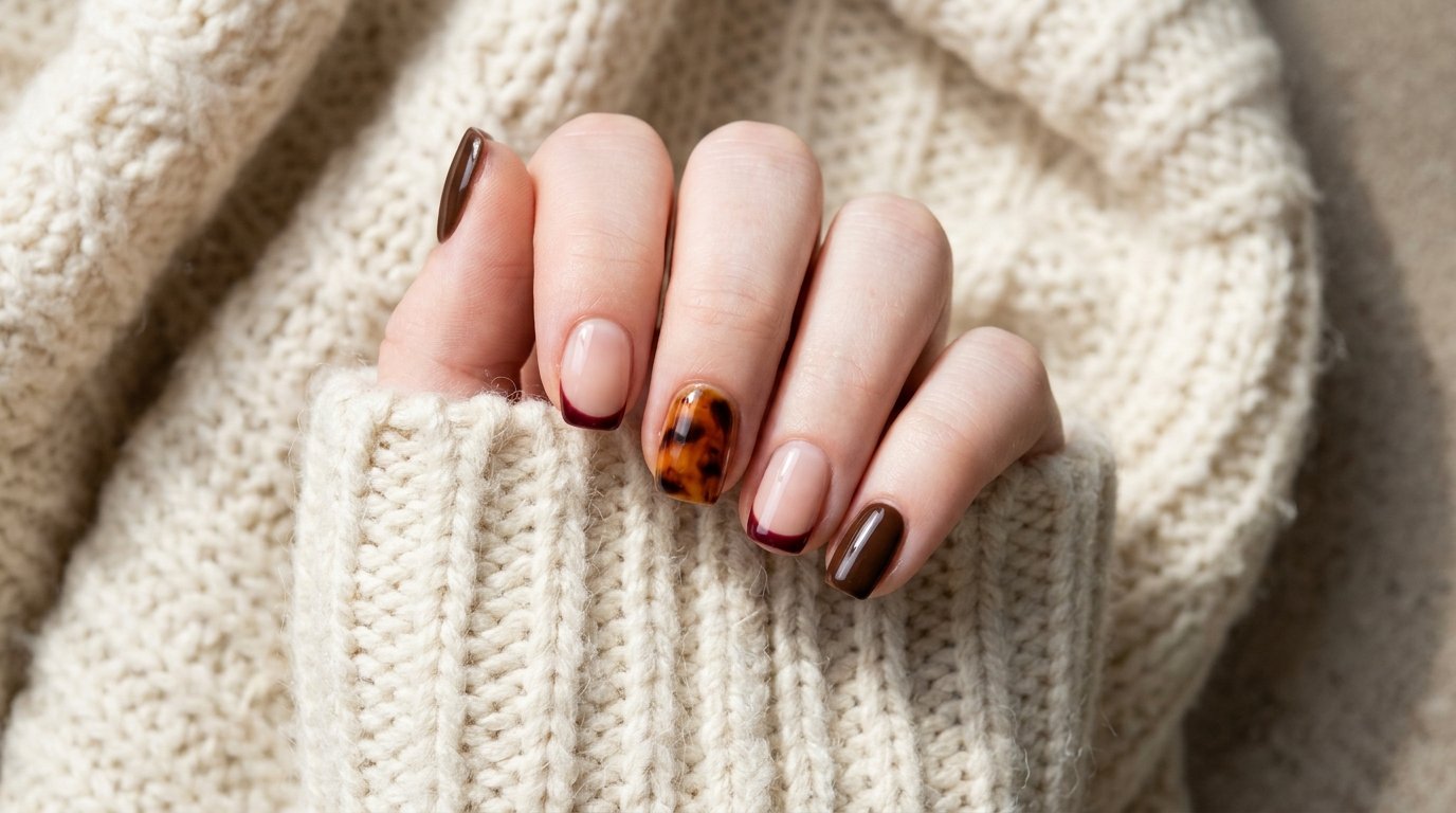 Female hand with short squoval natural nails featuring chocolate brown gel, burgundy micro French tips, and tortoiseshell accent art against a beige knit sweater background.