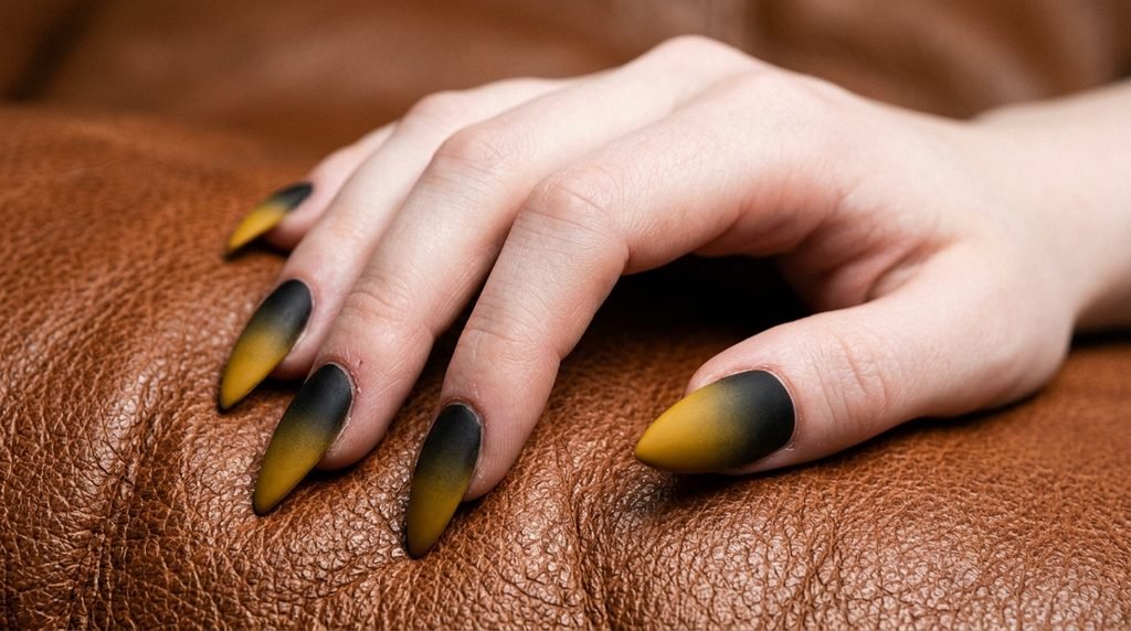 Close-up of stiletto nails with black and mustard yellow polish on a female hand with very white skin.