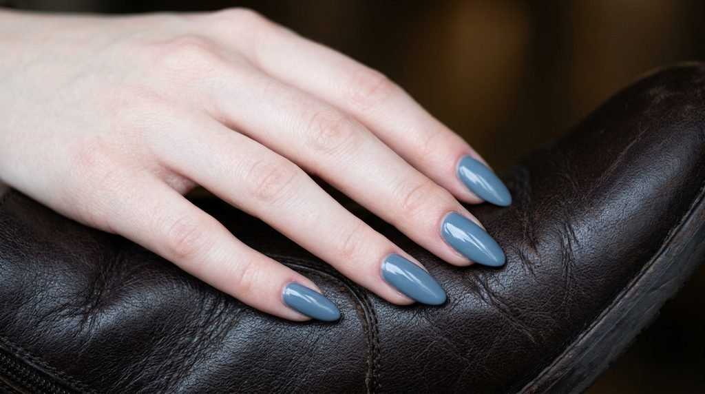 Medium almond nails in dusty denim blue resting on dark brown leather footwear.