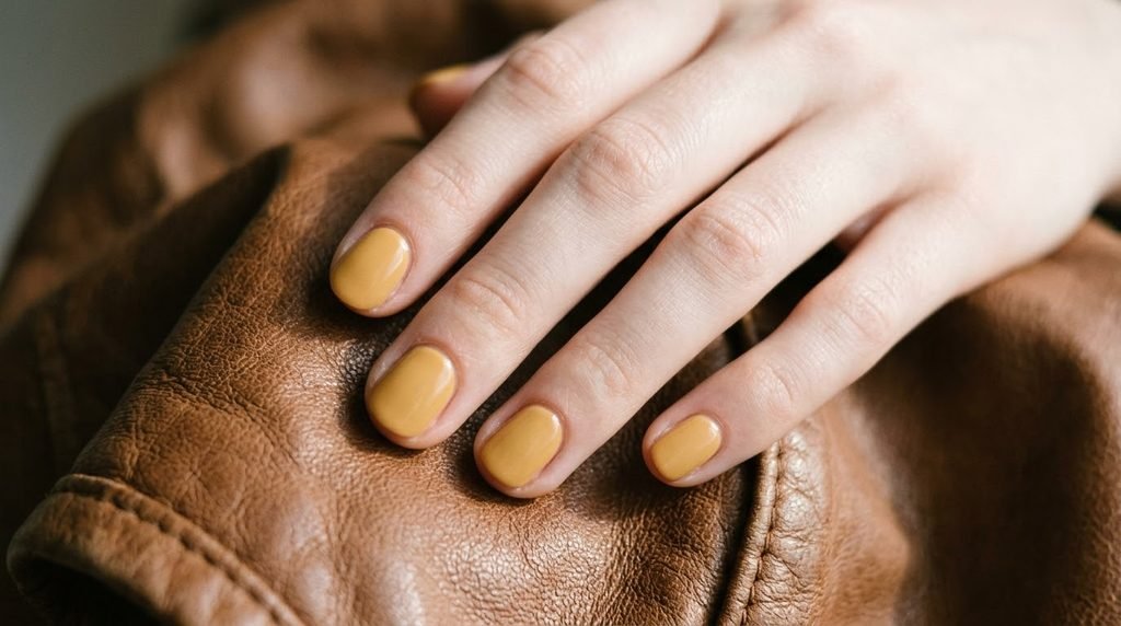 Female hand with short round natural nails painted in muted marigold yellow polish on a dark leather backdrop