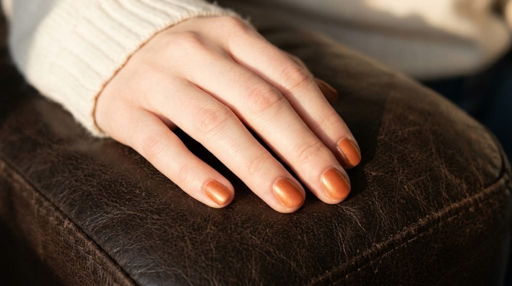 Short round female natural nails coated in glowing satin cinnamon polish with gold micro-shimmer on chocolate leather.