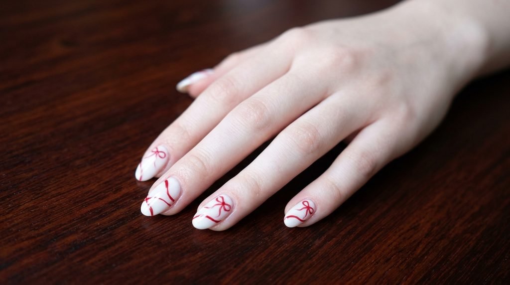 White nails with thin hand-painted red ribbons against dark wood.