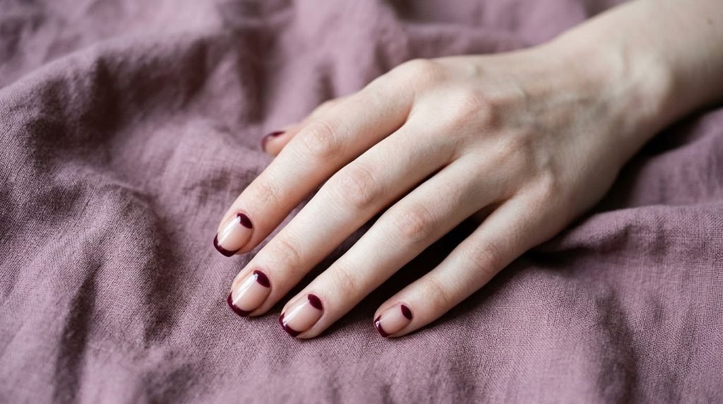 Short squoval female nails with sheer nude polish and a burgundy crescent line at the cuticle over a mauve background.