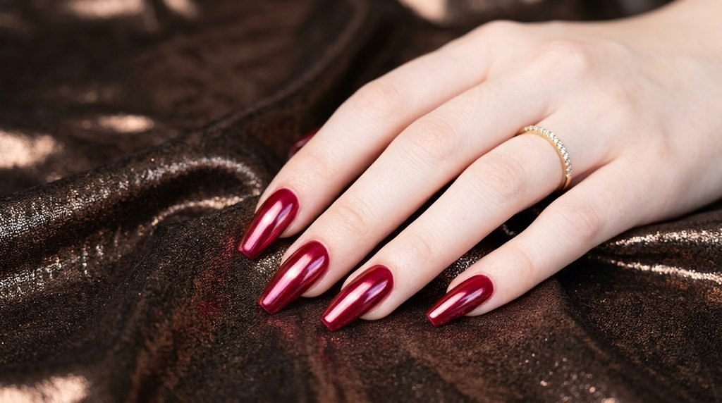 Metallic ruby chrome finish over cherry red gel nails on a pale hand.