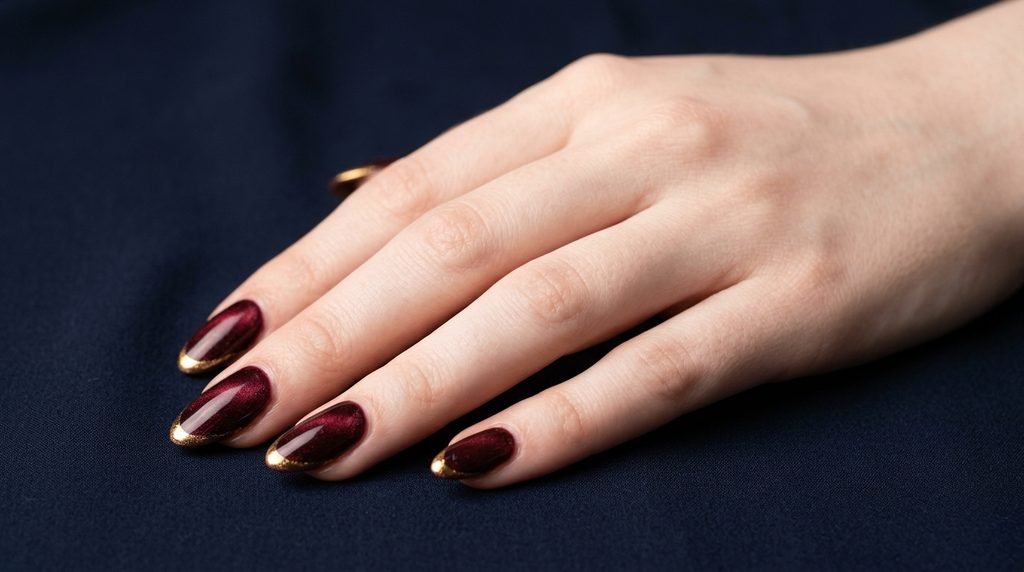 Almond velvet merlot nails on an 18-year-old hand with very white skin on navy blue.