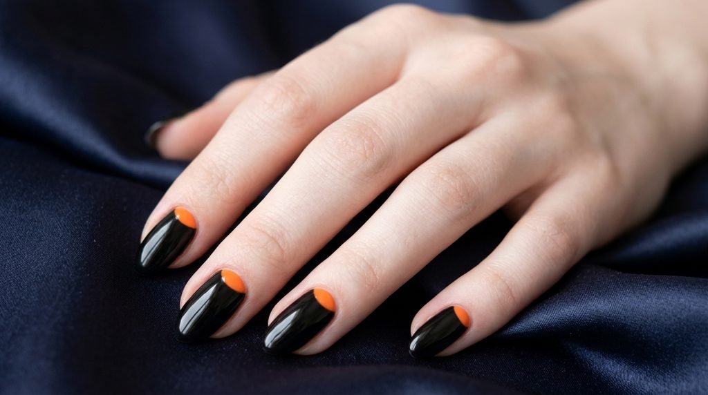 Jet black almond nails with dark  orange crescent moon accents on a white female hand resting on dark navy satin.
