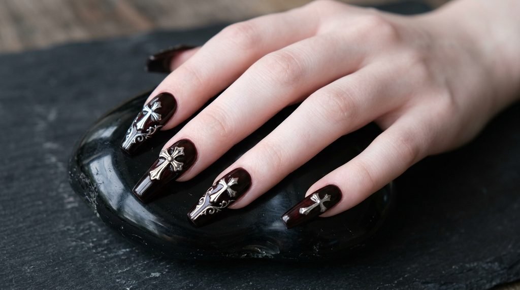 Blackened burgundy coffin nails featuring raised silver chrome gothic crosses on an 18-year-old female hand.
