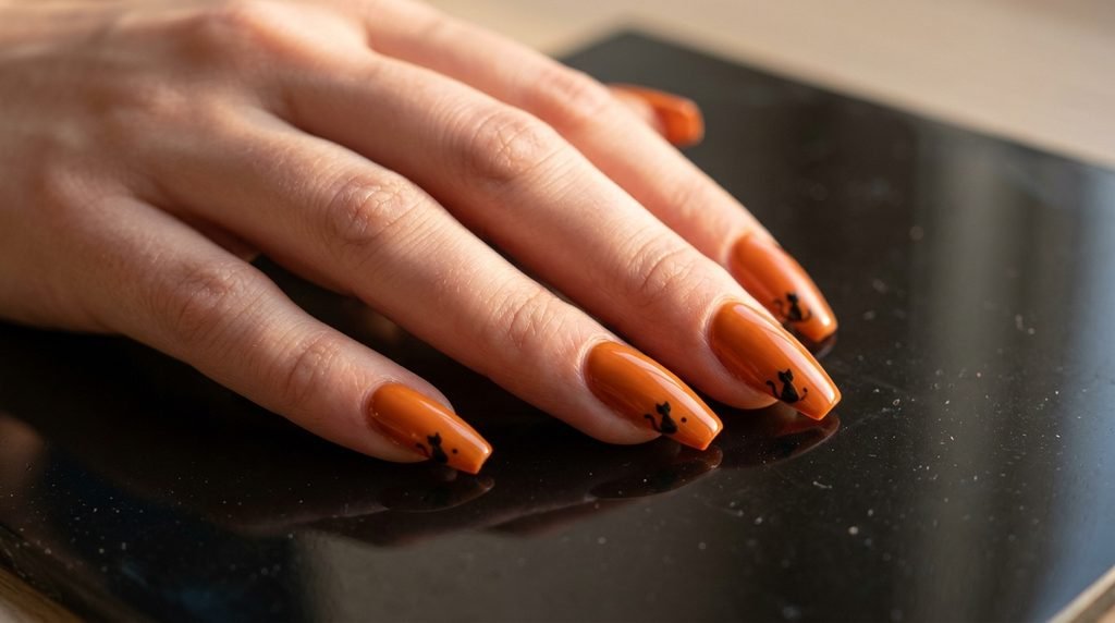 orange coffin nail with a tiny black cat silhouette accent on an 18-year-old female hand with pale white skin.