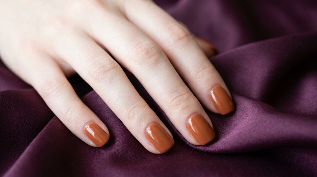 Close-up of an 18-year-old female hand with very white skin displaying pumpkin spice squoval press-on nails over plum silk.