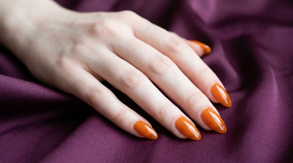 Translucent pumpkin orange jelly nails on an 18-year-old female hand with very white skin against plum silk.
